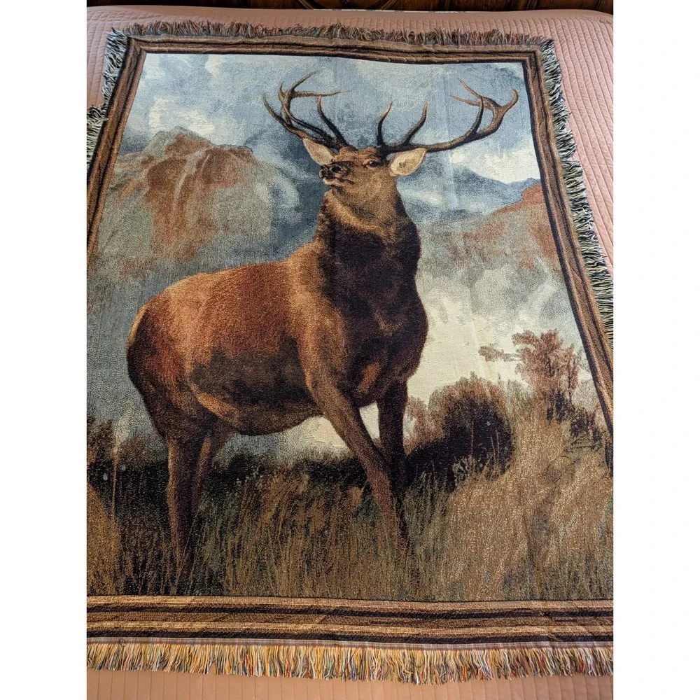 VTG Mountain Elk Tapestry Throw Blanket 51x68 Woven Cotton Fringed Made in USA